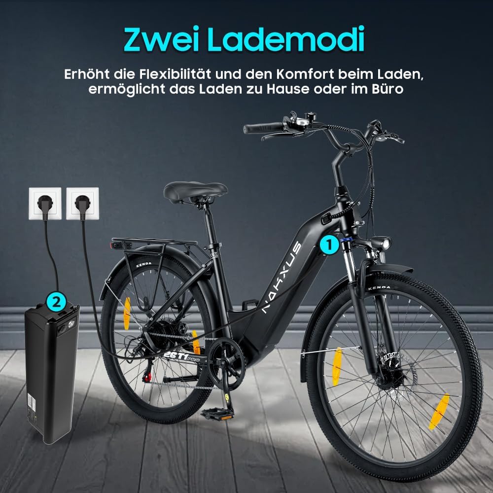 26T1 Elektrofahrrad 26 Zoll E-Bike, 36V 18.2Ah Akku herausnehmbar, 250W Motor, LCD-Display, 7-Gang, Reichweite 90-130 km, 25 km/h, IPX5 wasserdicht für Erwachsene