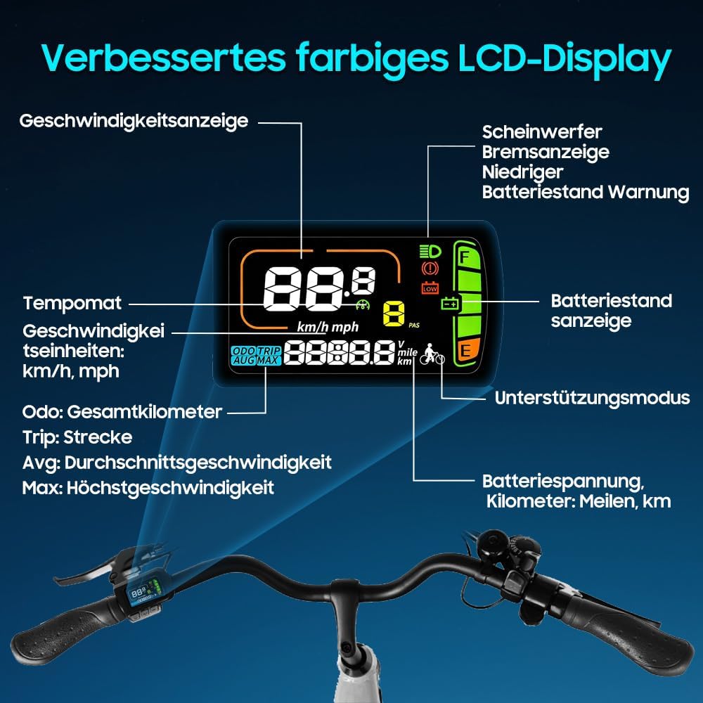 26T1 Elektrofahrrad 26 Zoll E-Bike, 36V 18.2Ah Akku herausnehmbar, 250W Motor, LCD-Display, 7-Gang, Reichweite 90-130 km, 25 km/h, IPX5 wasserdicht für Erwachsene