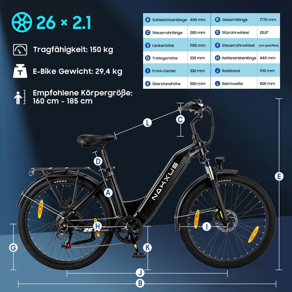 26T1 Elektrofahrrad 26 Zoll E-Bike, 36V 18.2Ah Akku herausnehmbar, 250W Motor, LCD-Display, 7-Gang, Reichweite 90-130 km, 25 km/h, IPX5 wasserdicht für Erwachsene