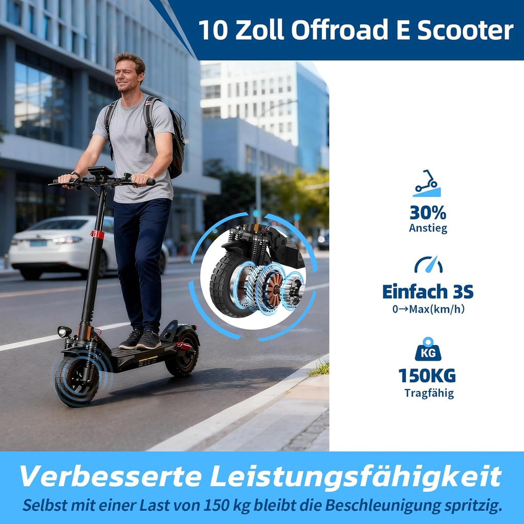 E Scooter mit Straßenzulassung mit Max 70KM Reichweite,10 Zoll Offroad Luftreifen Elektroroller mit Sechs komfortable Stoßdämpfer,Faltbarer E Roller Offroad Belastung bis 150 KG,APP-Sperre Fahrzeug