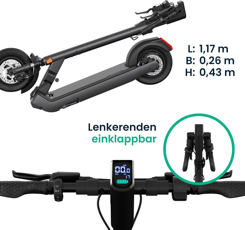 Egret Pro FX E-Scooter mit Straßenzulassung (max. 20 km/h), Reichweite bis 80km, Frontfederung, App Steuerung, Lenker höhenverstellbar+einfaltbar, Zuladung max. 120kg