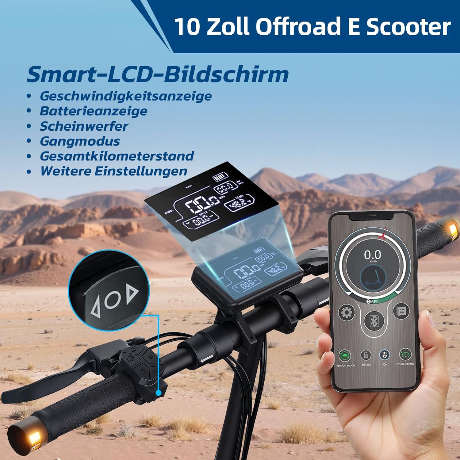 E Scooter mit Straßenzulassung mit Max 70KM Reichweite,10 Zoll Offroad Luftreifen Elektroroller mit Sechs komfortable Stoßdämpfer,Faltbarer E Roller Offroad Belastung bis 150 KG,APP-Sperre Fahrzeug