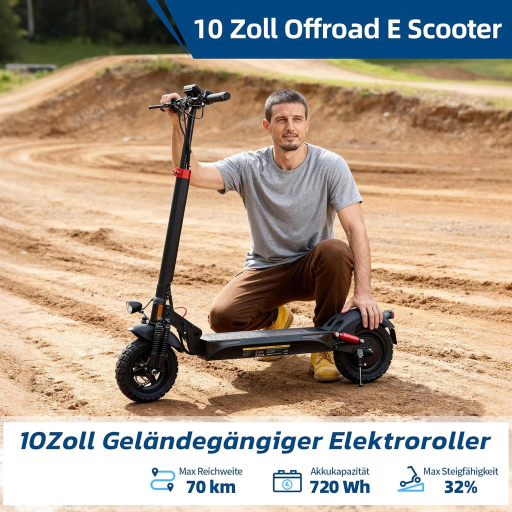 E Scooter mit Straßenzulassung mit Max 70KM Reichweite,10 Zoll Offroad Luftreifen Elektroroller mit Sechs komfortable Stoßdämpfer,Faltbarer E Roller Offroad Belastung bis 150 KG,APP-Sperre Fahrzeug