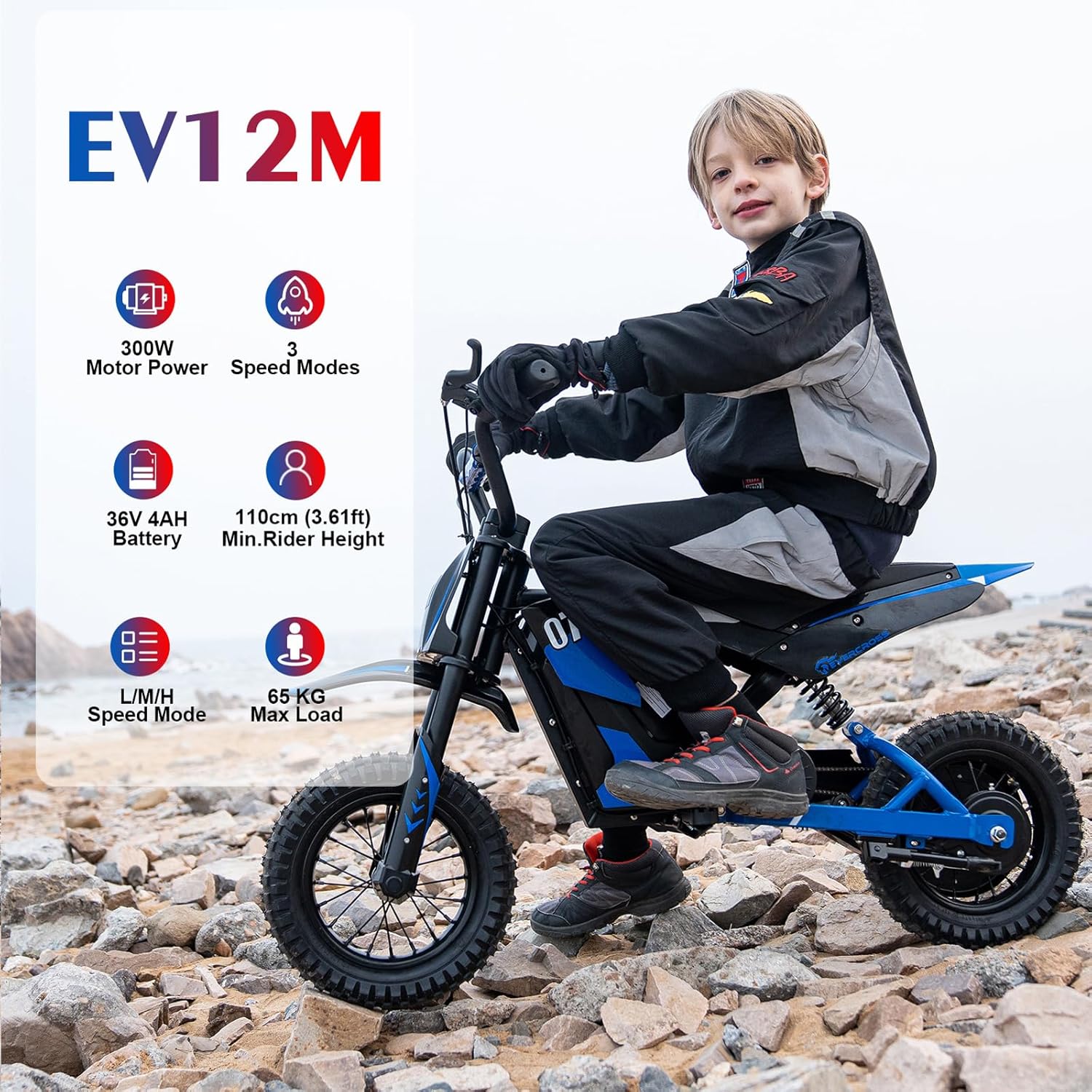 EVERCROSS EV12M Elektro Motorrad Kinder, Elektromotorrad mit 300W Motor, 3 Geschwindigkeitsmodus, 15KM Lange Reichweite, 12 Zoll Luftreifen, Moto Cross für Kinder ab 110cm Körpergröße