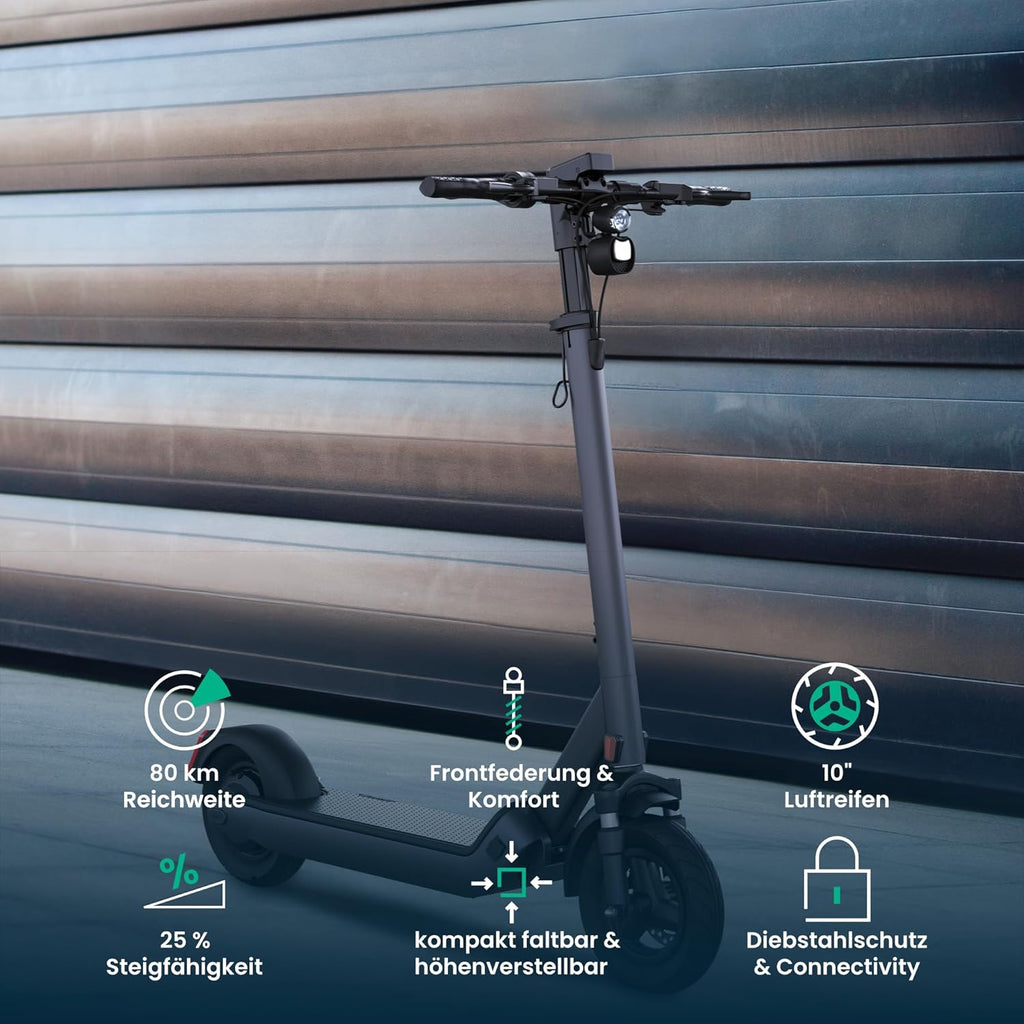 Egret Pro FX E-Scooter mit Straßenzulassung (max. 20 km/h), Reichweite bis 80km, Frontfederung, App Steuerung, Lenker höhenverstellbar+einfaltbar, Zuladung max. 120kg